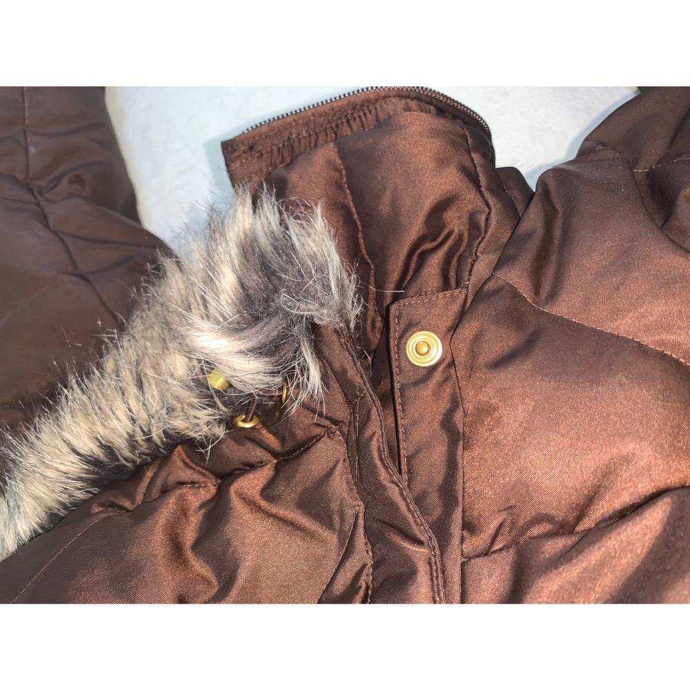 Lands End Womens XL 18 Brown Down Quilted Puffer Coat Faux Fur Hood Jacket - Picture 11 of 11